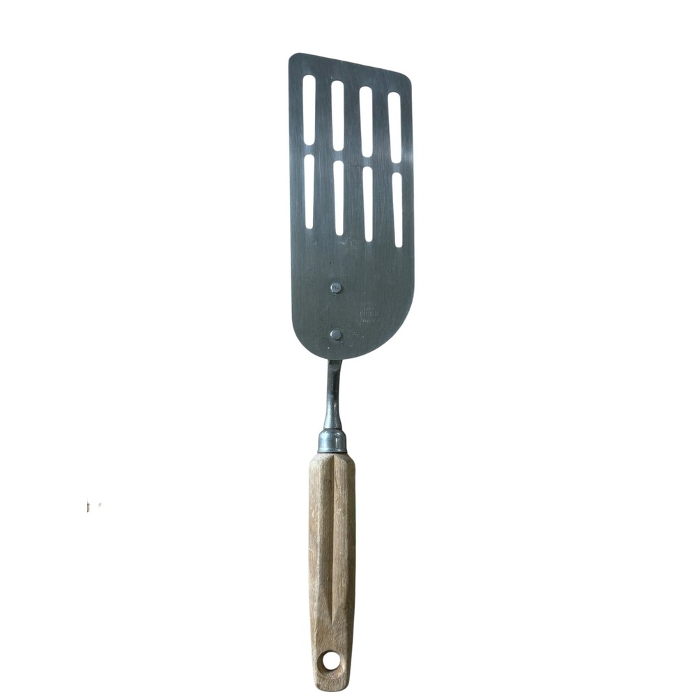 Vintage EKCO Stainless Steel Slotted Spatula Turner Wood Handle USA 12"